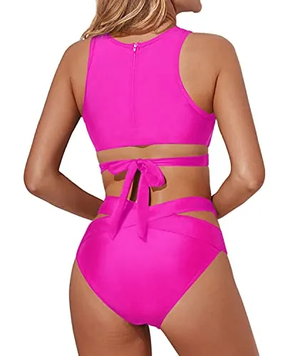 Adjustable Tie Waist Bandage Two Piece Bathing Suits-Neon Pink