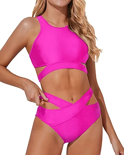 Adjustable Tie Waist Bandage Two Piece Bathing Suits-Neon Pink