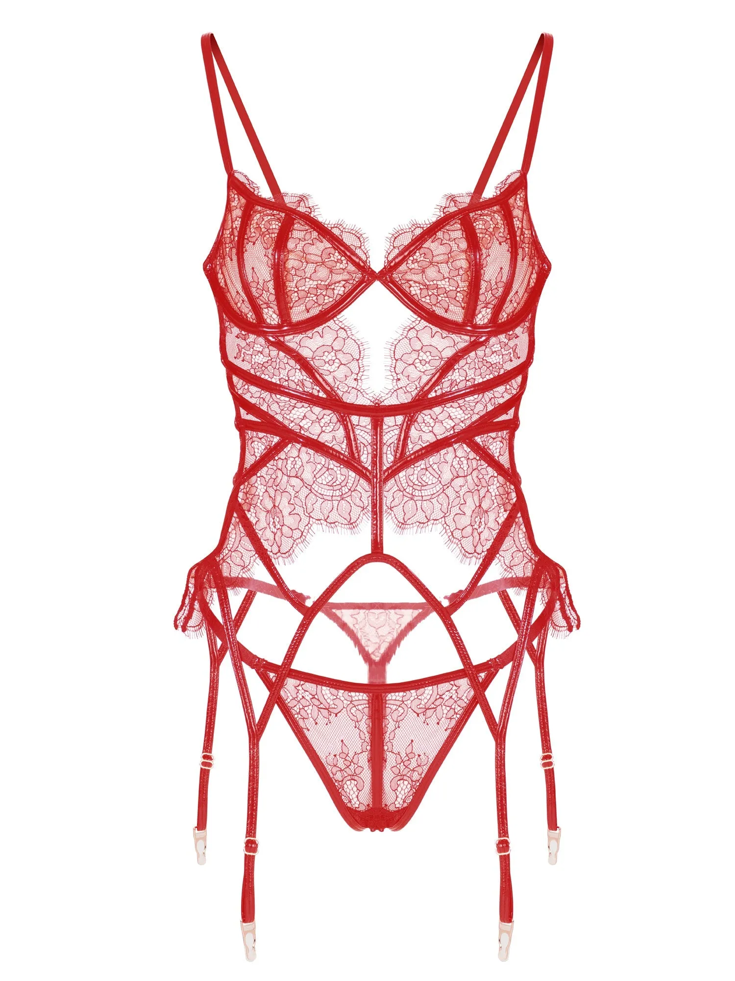 Amara Lace & Patent Leather Lingerie Set - Red