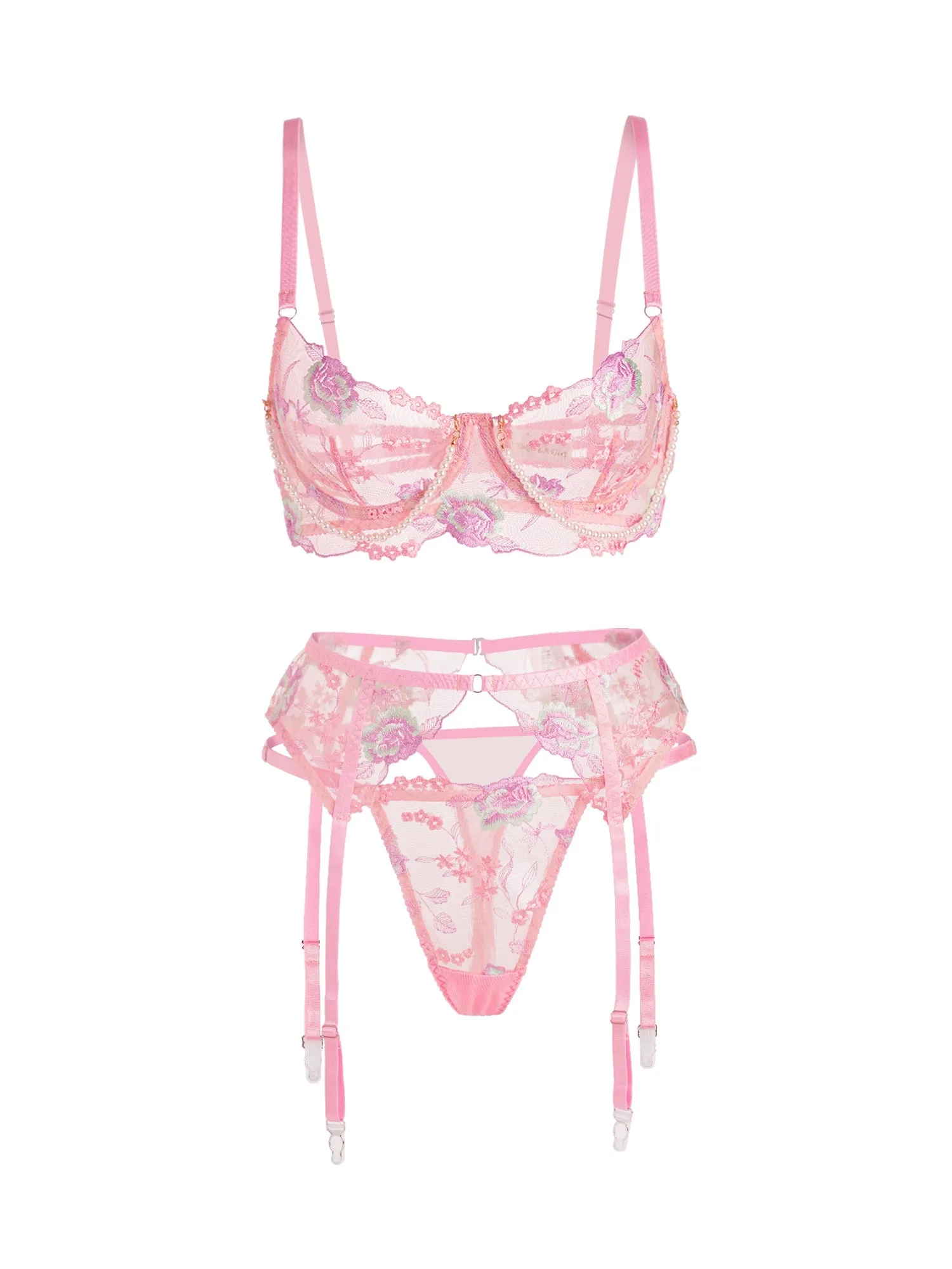 Bloom Embroidered Pearl Chain Lingerie Set In Pink