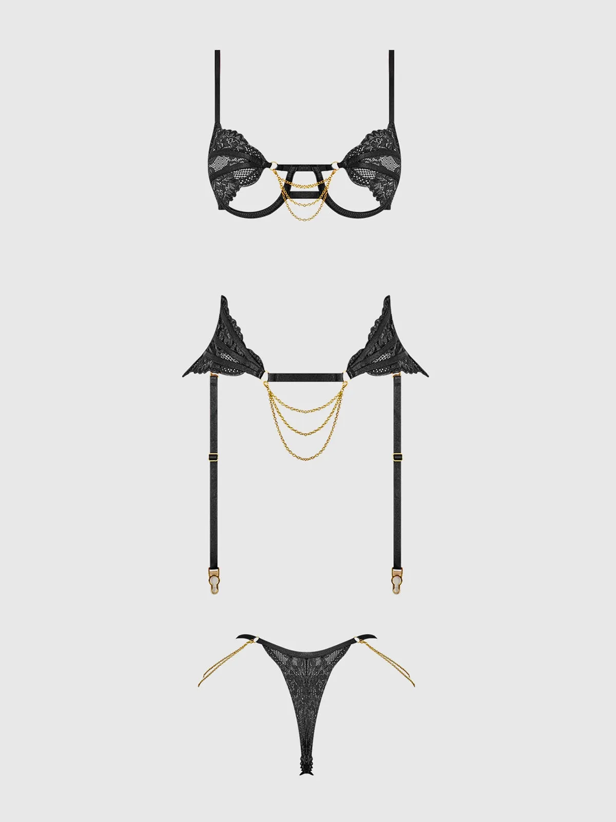 Cecily Lace & Chain Bra, Garter & G-String Set