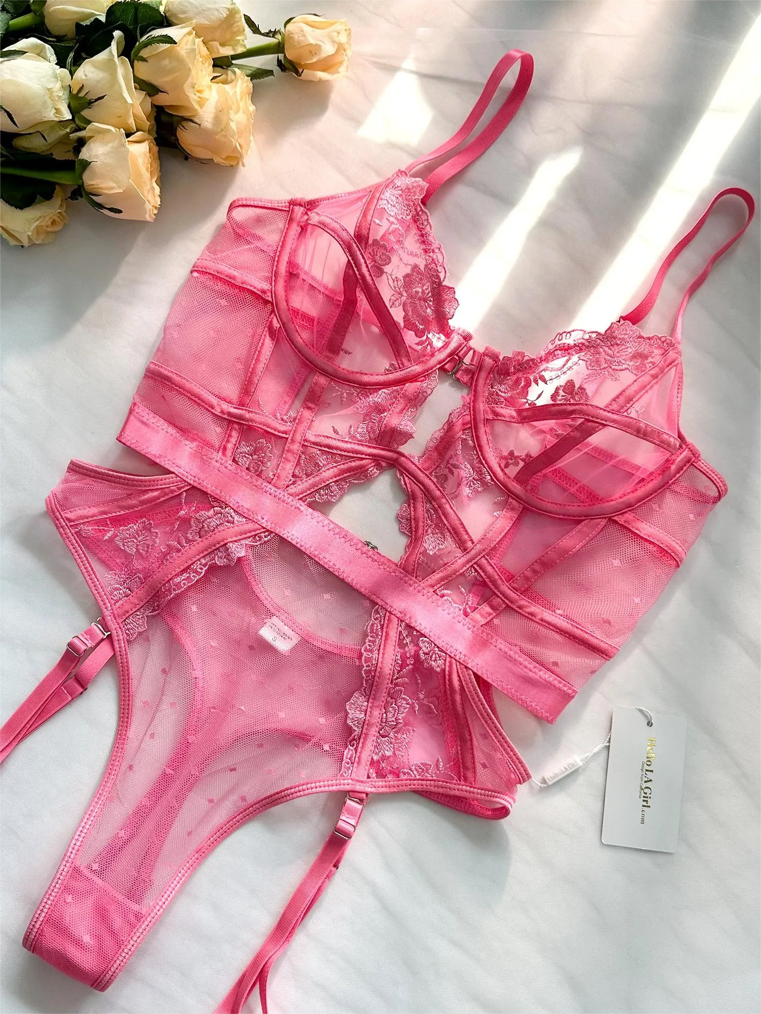 Claire Embroidered Lace Bodysuit In Pink