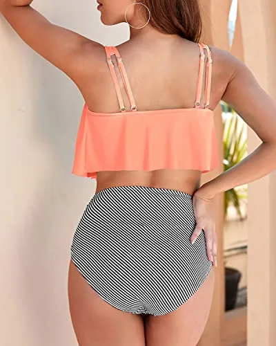 Double Straps Adjustable High Waist Ruched Bikini Swimsuit-Coral Pink Stripe