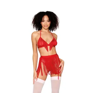 Dreamgirl Chainette Fringe Bralette, Garter Belt, and G-String Set Ruby - 13042