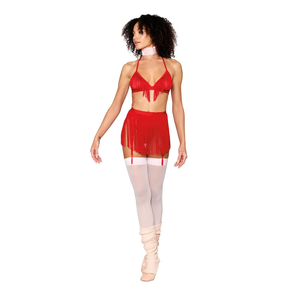 Dreamgirl Chainette Fringe Bralette, Garter Belt, and G-String Set Ruby - 13042