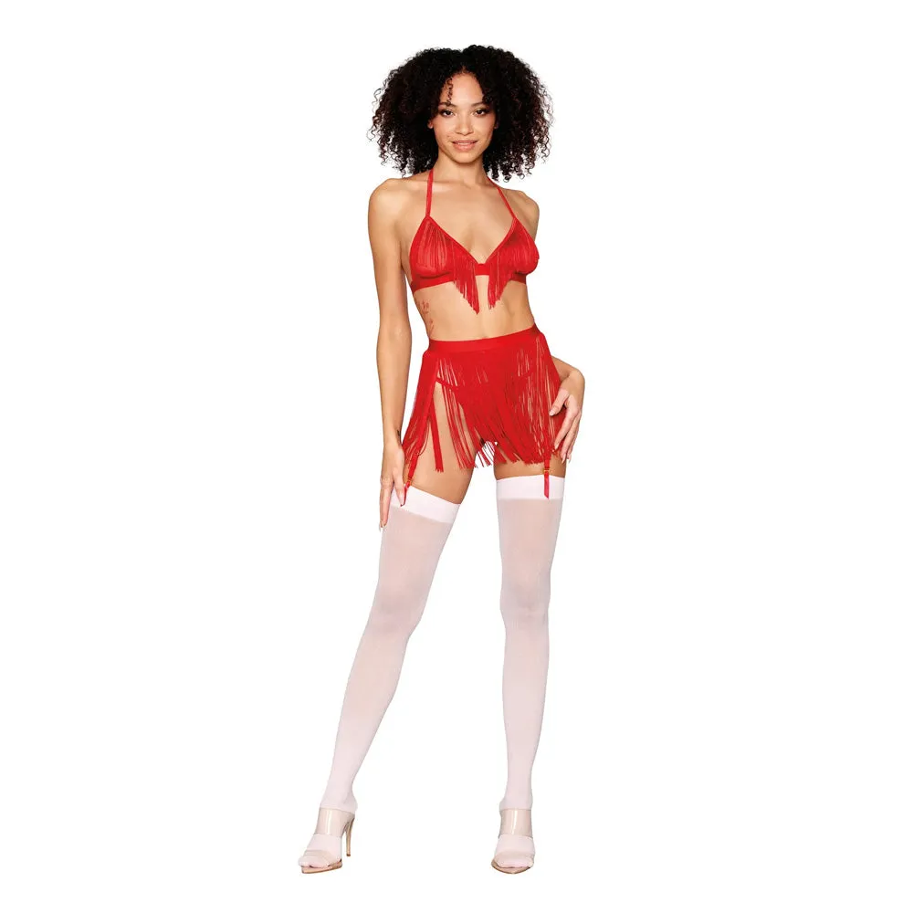 Dreamgirl Chainette Fringe Bralette, Garter Belt, and G-String Set Ruby - 13042