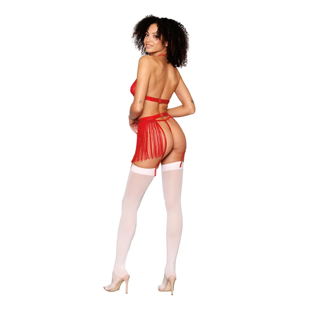 Dreamgirl Chainette Fringe Bralette, Garter Belt, and G-String Set Ruby - 13042