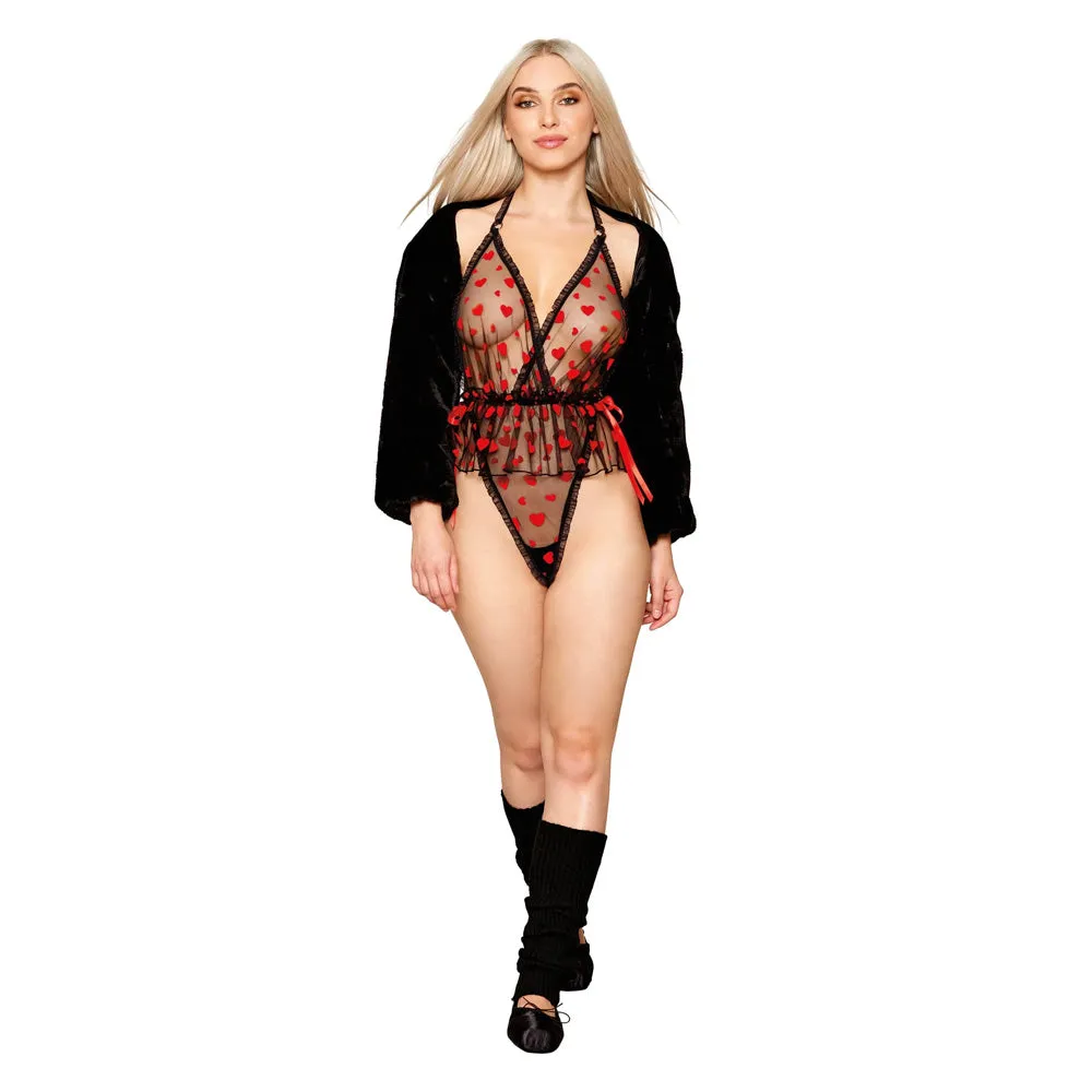 Dreamgirl Flocked Heart Mesh Teddy, Gold Heart Details, Straps 13091 - Black