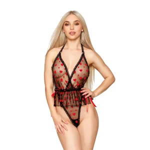 Dreamgirl Flocked Heart Mesh Teddy, Gold Heart Details, Straps 13091 - Black
