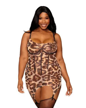 Dreamgirl Leopard Plus Size Printed Stretch Mesh Garter Slip with Rhinestone Detailing