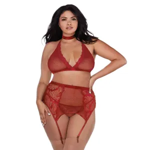 Dreamgirl Lingerie Fishnet & Lace Velvet Trims Halter Bralette & Garter Belt Garnet 11776X