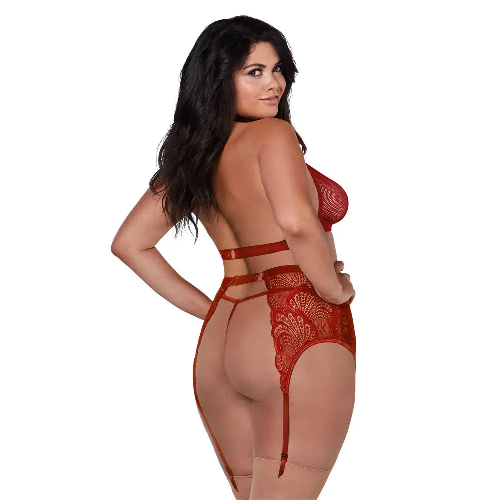 Dreamgirl Lingerie Fishnet & Lace Velvet Trims Halter Bralette & Garter Belt Garnet 11776X