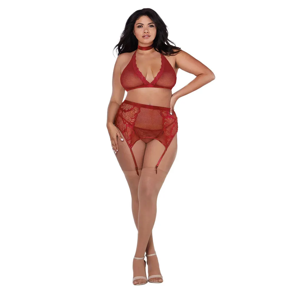 Dreamgirl Lingerie Fishnet & Lace Velvet Trims Halter Bralette & Garter Belt Garnet 11776X