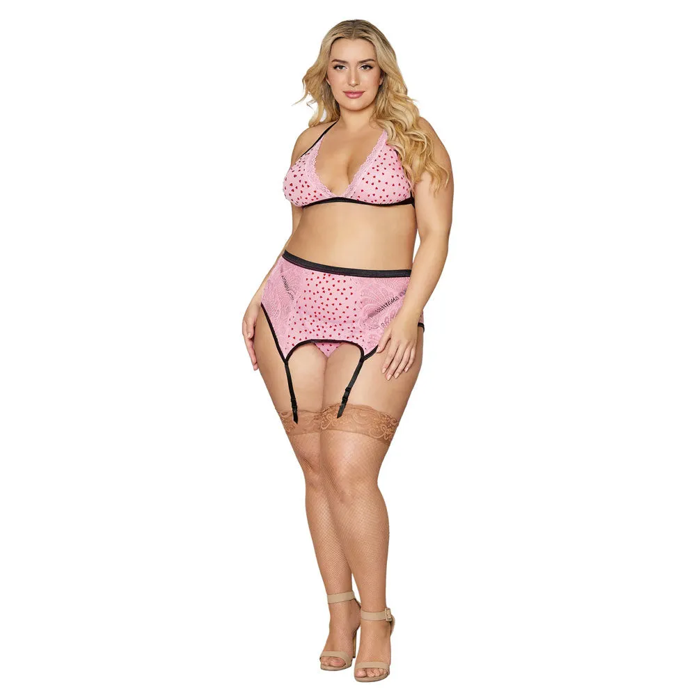 Dreamgirl Lingerie Flocked Heart Mesh and Lace 3 Piece Garter Set Pink 12678X