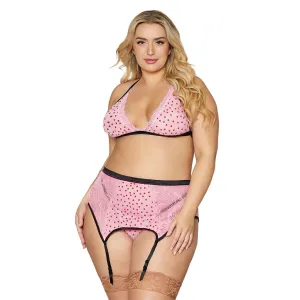 Dreamgirl Lingerie Flocked Heart Mesh and Lace 3 Piece Garter Set Pink 12678X
