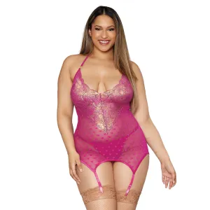Dreamgirl Lingerie Gold Foiled Lace and Heart Mesh Garter Slip & G-string Pink 12680X