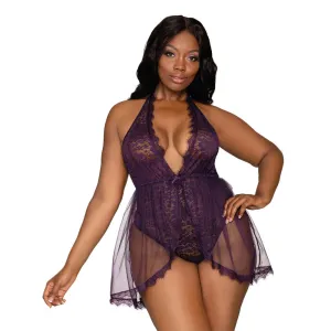Dreamgirl Lingerie Halter Plunge Front Stretch Lace Teddy Eggplant 11513X