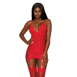 Dreamgirl Lingerie Mesh and Lace Chemise and G-string Set Red 12702