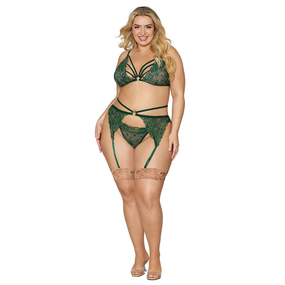 Dreamgirl Lingerie Metallic Corded Lace 3 Piece Set Evergreen 12707X