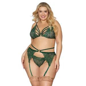 Dreamgirl Lingerie Metallic Corded Lace 3 Piece Set Evergreen 12707X