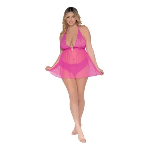 Dreamgirl Lingerie Scalloped Stretch Lace & Mesh Halter T-Back Babydoll Paradise Pink 12603X