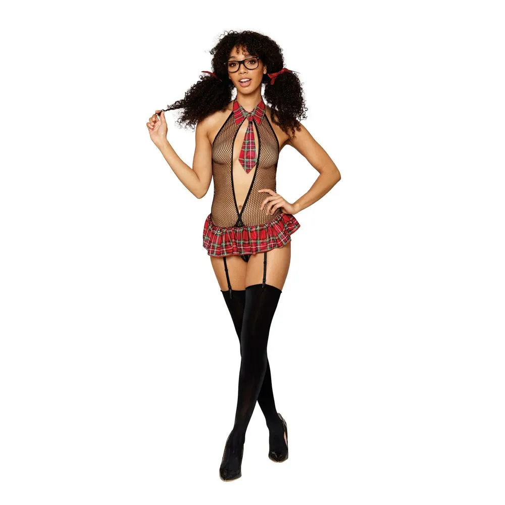 Dreamgirl Lingerie Schoolgirl-themed fishnet garter teddy set with novelty plastic glasses - 12830