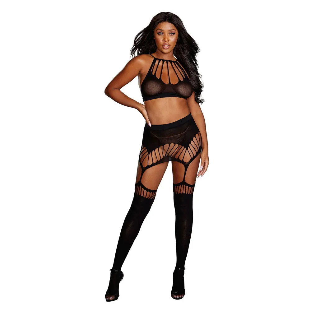 Dreamgirl Lingerie Semi-Opaque Seamless Bralette & Garter Skirt Set Black 0356