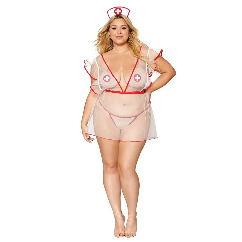 Dreamgirl Lingerie Sheer mesh nurse-themed apron with matching G-string, tie-on nurses' cap, and pasties - 12916X