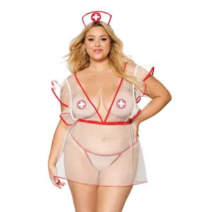 Dreamgirl Lingerie Sheer mesh nurse-themed apron with matching G-string, tie-on nurses' cap, and pasties - 12916X