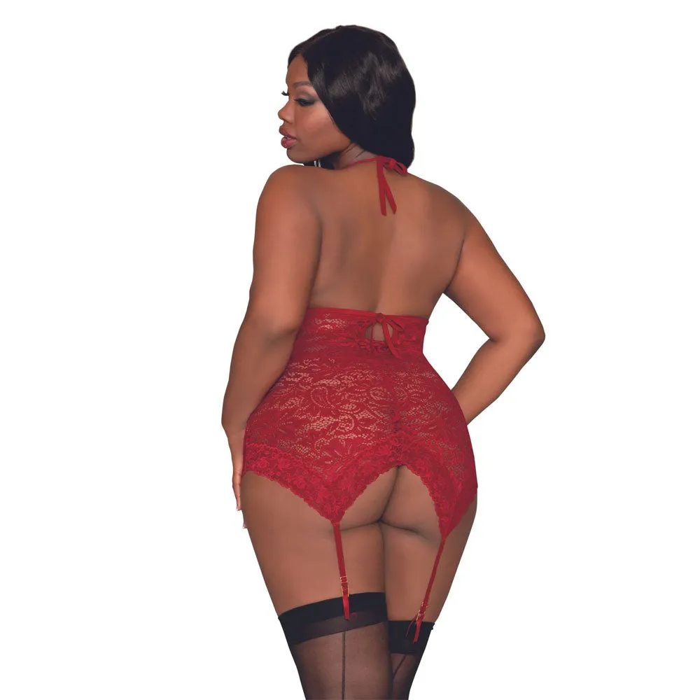 Dreamgirl Lingerie Stretch Lace Garter Slip & G-String Set Garnet 12488X