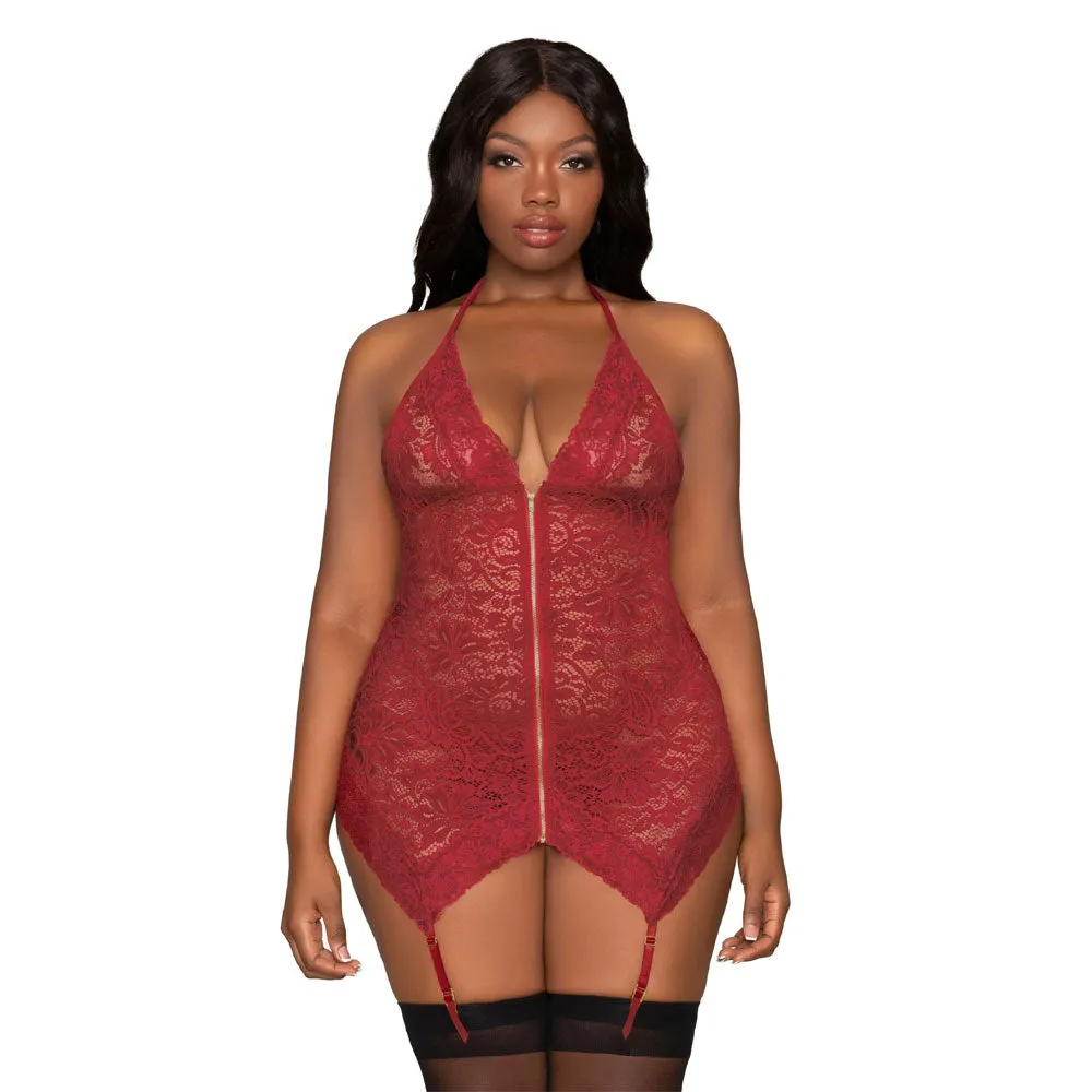 Dreamgirl Lingerie Stretch Lace Garter Slip & G-String Set Garnet 12488X
