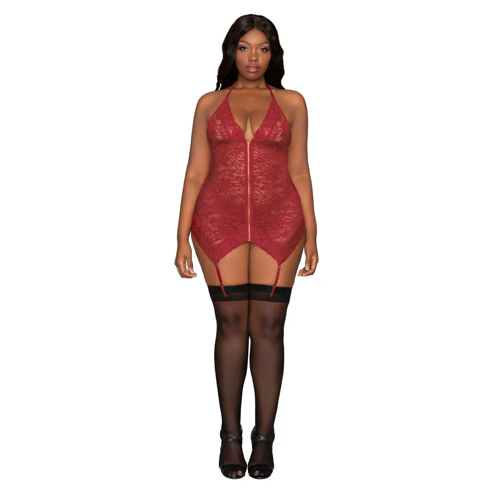 Dreamgirl Lingerie Stretch Lace Garter Slip & G-String Set Garnet 12488X