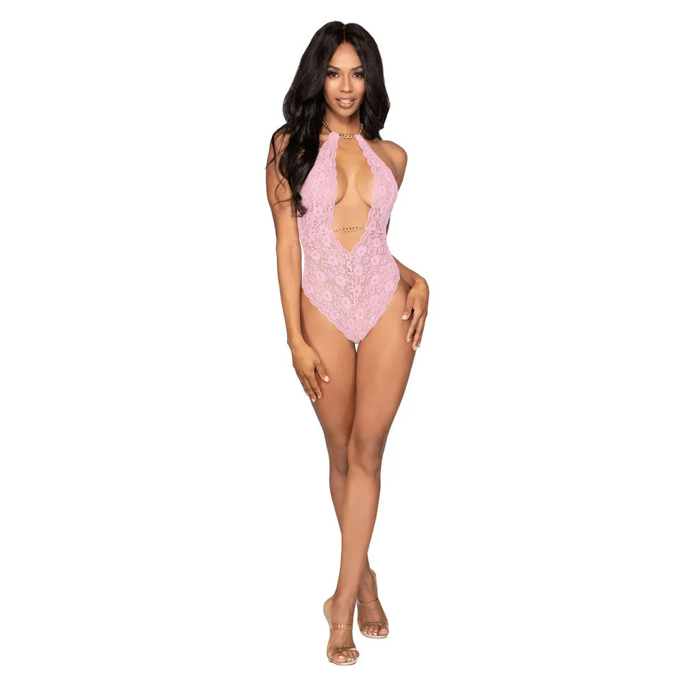 Dreamgirl Lingerie Stretch Lace Halter Teddy & Collar with Removable Chains - 12483