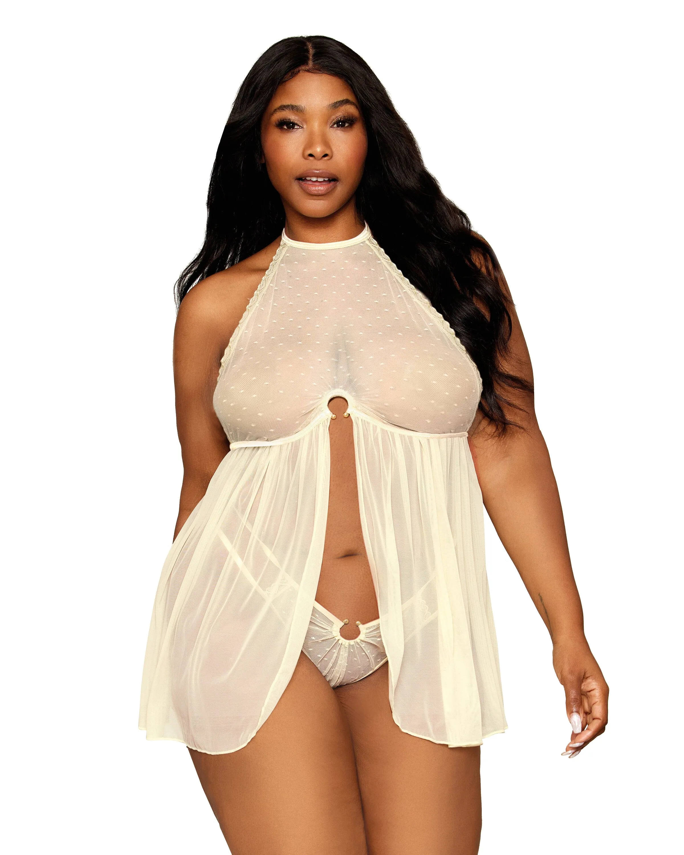 Dreamgirl Plus Size Polkadot and Mesh Babydoll and G-string Set