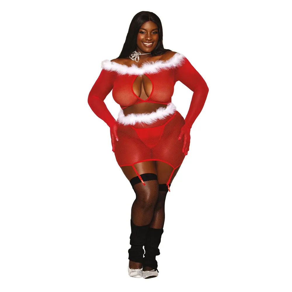 Dreamgirl Plus Size Seamless Fishnet and Feather Trim Santa Two-piece Garter Set - 13102X