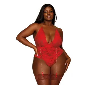 Dreamgirl Plus Size Stretch Lace Garter Teddy, Metal Heart Chain Details 13089X - Ruby