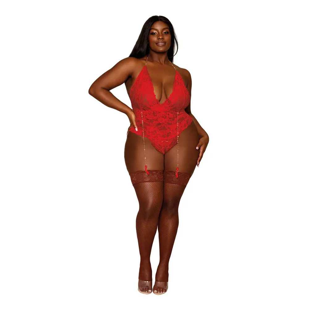 Dreamgirl Plus Size Stretch Lace Garter Teddy, Metal Heart Chain Details 13089X - Ruby