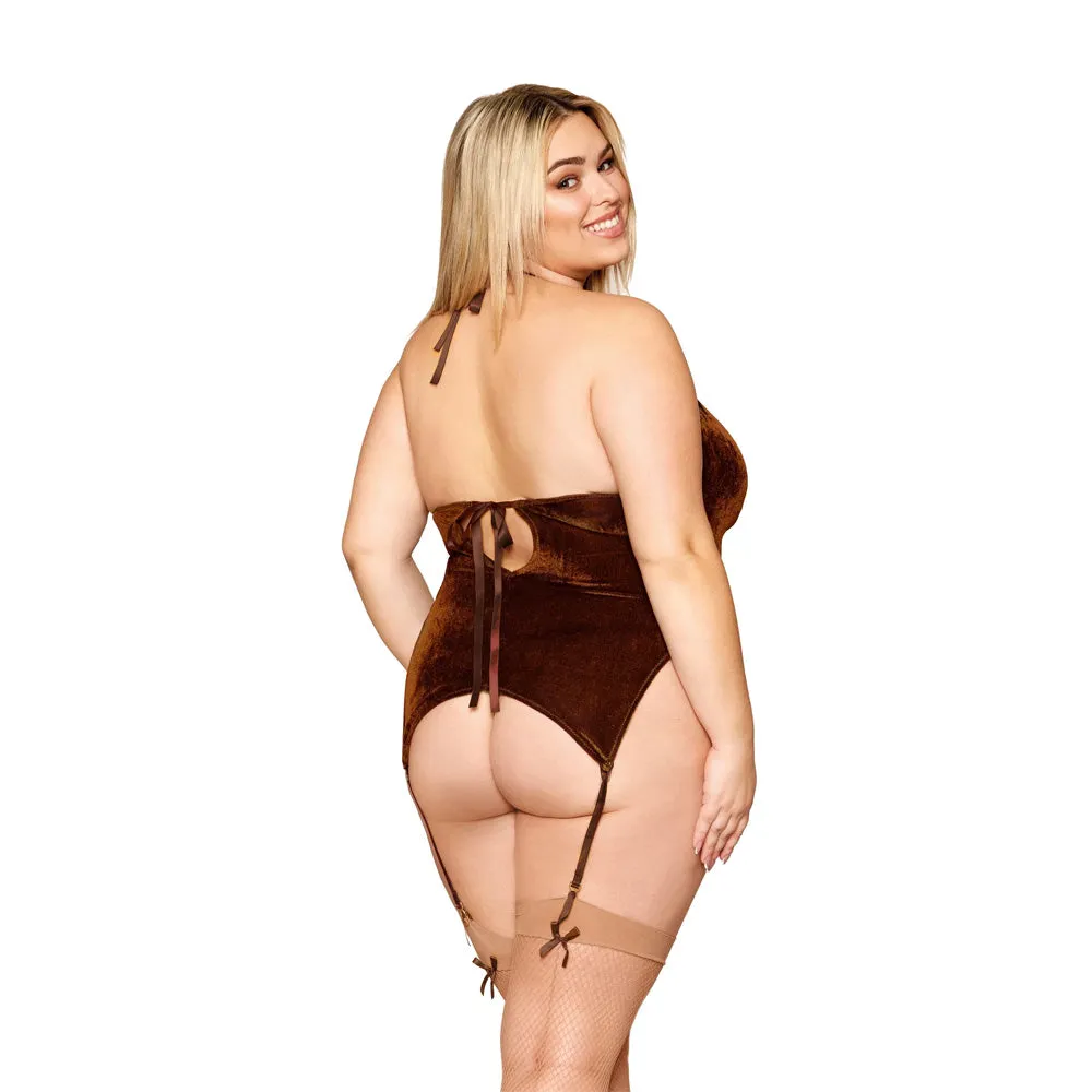 Dreamgirl Plus Size Velvet, Gold-foil Lace Short Garter Slip, G-string Espresso - 13076X