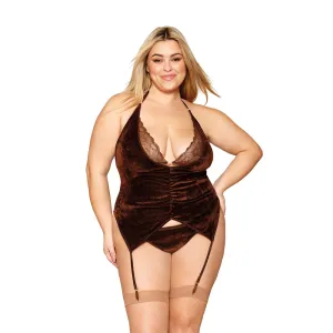 Dreamgirl Plus Size Velvet, Gold-foil Lace Short Garter Slip, G-string Espresso - 13076X