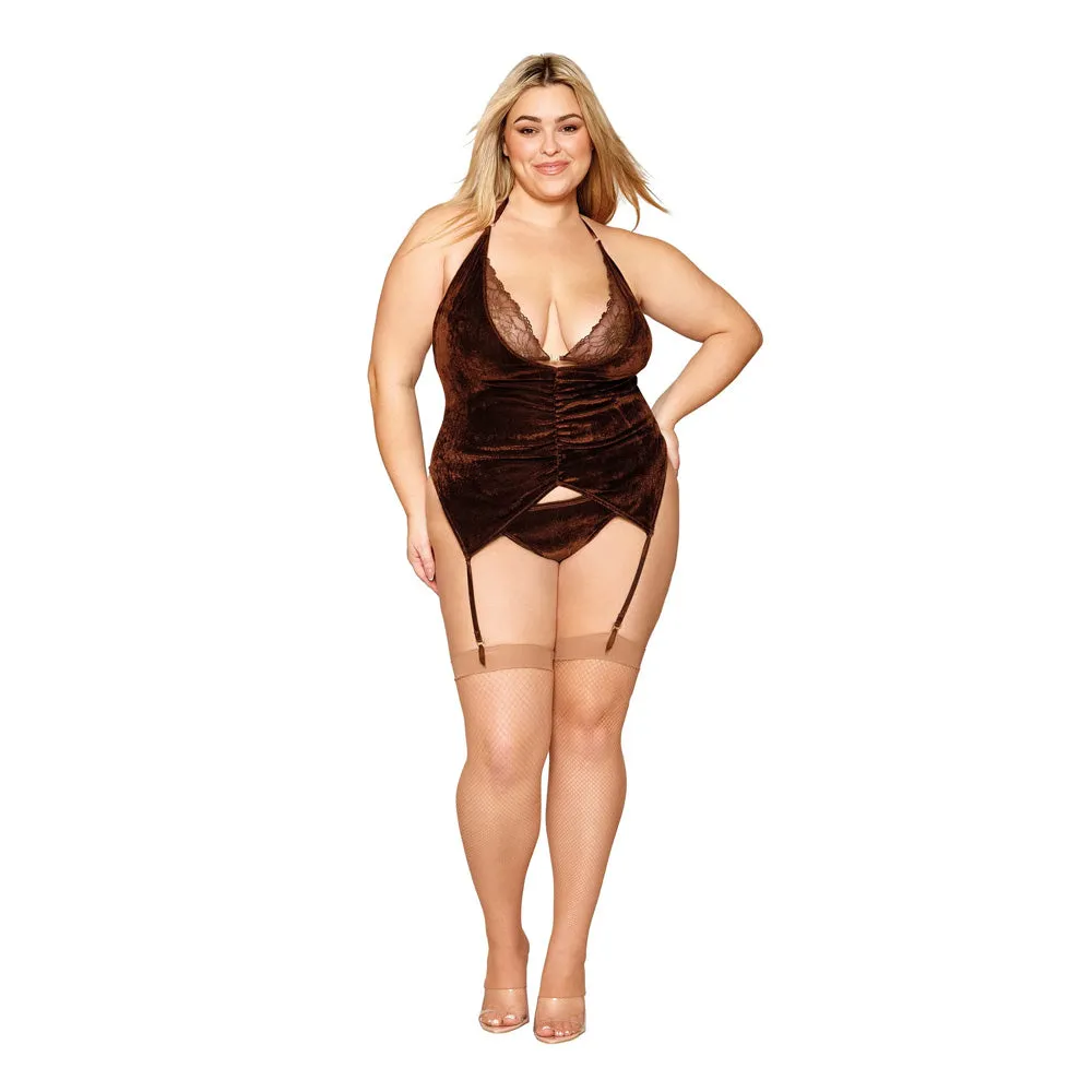 Dreamgirl Plus Size Velvet, Gold-foil Lace Short Garter Slip, G-string Espresso - 13076X