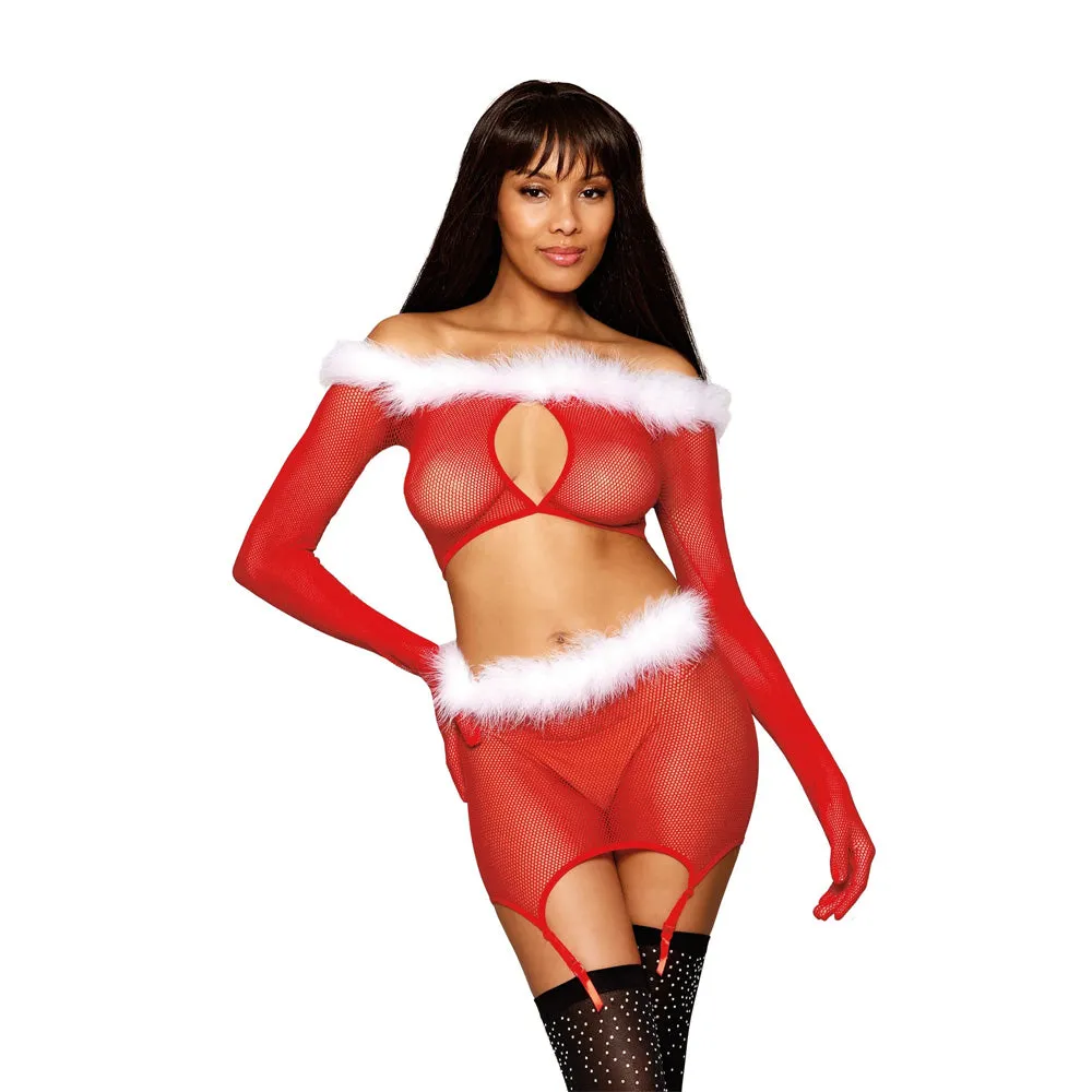 Dreamgirl Seamless Fishnet, Feather Trim Santa Two-piece Garter Set - 13102