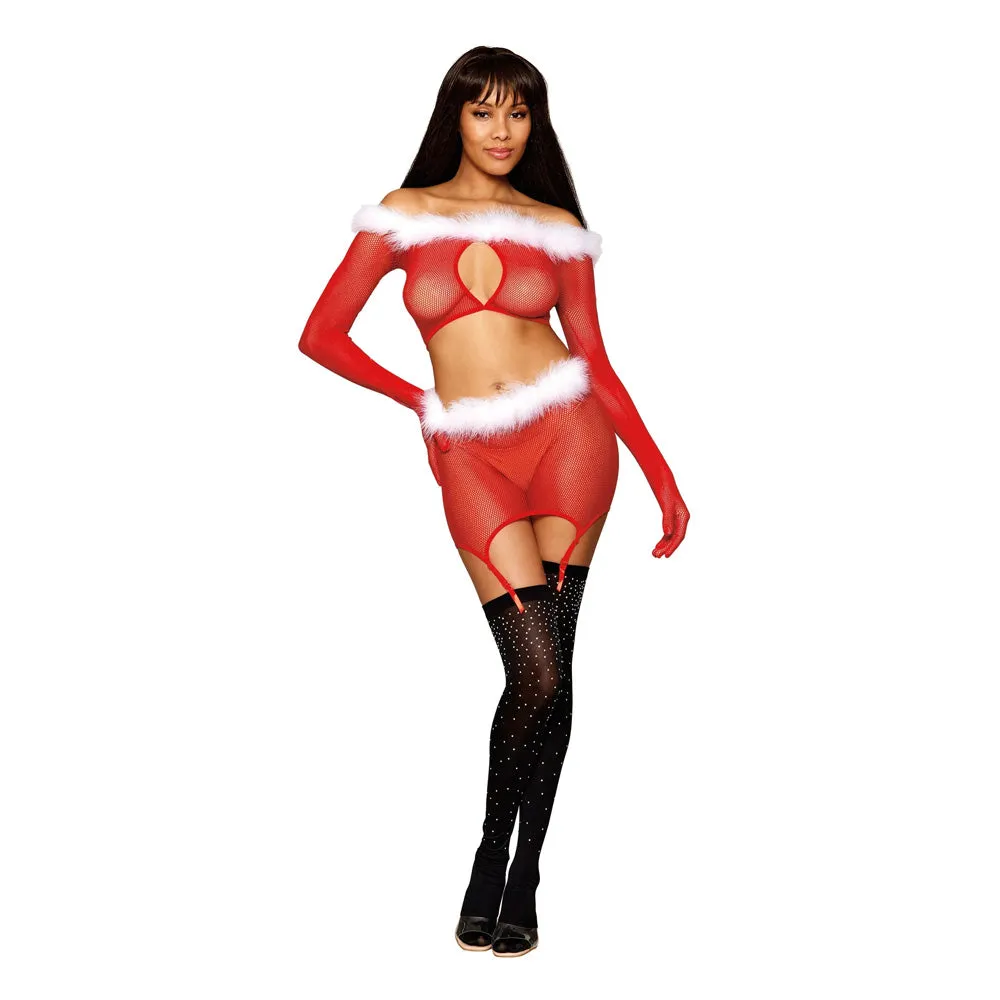 Dreamgirl Seamless Fishnet, Feather Trim Santa Two-piece Garter Set - 13102