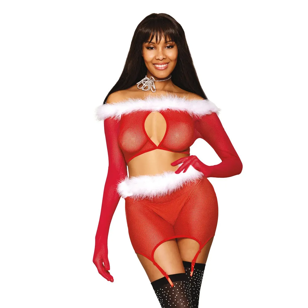 Dreamgirl Seamless Fishnet, Feather Trim Santa Two-piece Garter Set - 13102