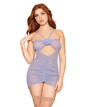 Dreamgirl Sparkle Stretch Mesh Garter Slip and G-string Set with 3D Rosette Trim Detail