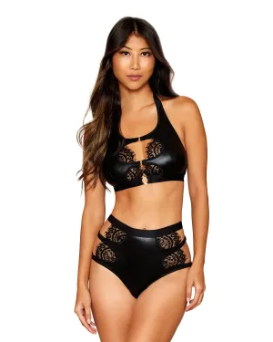 Dreamgirl Stretch Faux-Leather and Eyelash Lace Bra and Garter Panty Set