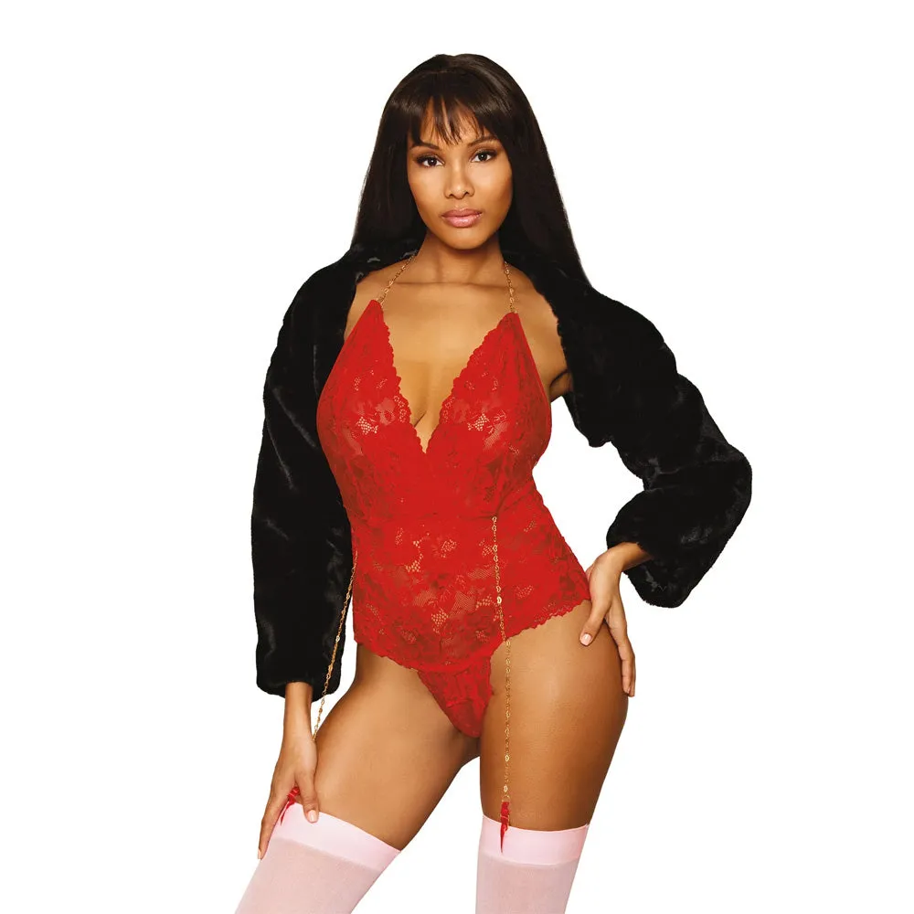 Dreamgirl Stretch Lace Garter Teddy, Metal Heart Chain Details 13089 - Ruby