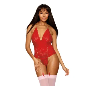 Dreamgirl Stretch Lace Garter Teddy, Metal Heart Chain Details 13089 - Ruby