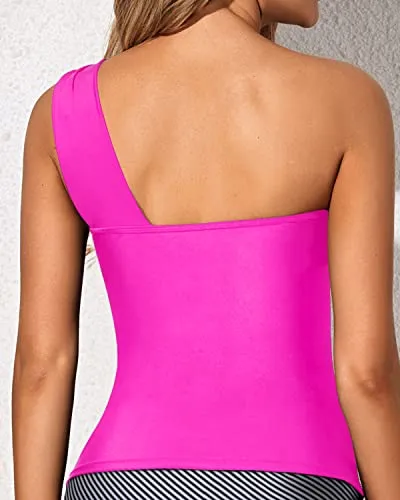 Elegant And Flattering Ruched Swim Top Tummy Control Tankini Top-Neon Pink