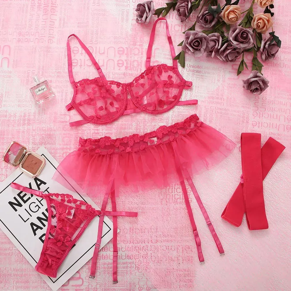 Embroidered Heart Pattern Garter Up Skirt Lingerie Set