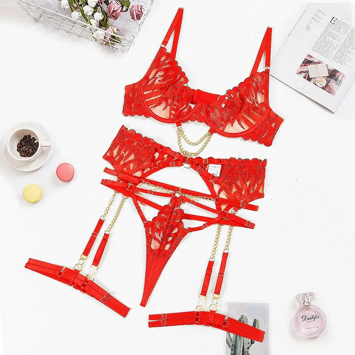 Fantasy Lace Floral Garter Lingerie Set
